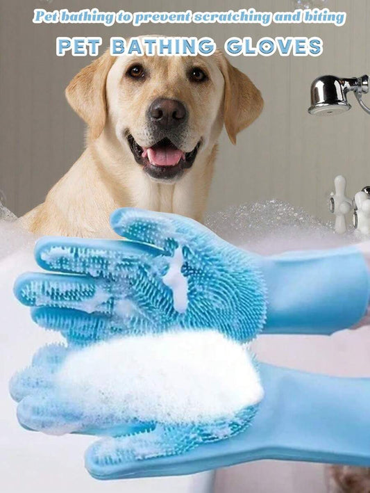 1set Green Pet Bathing Gloves, Dog & Cat Bathing Brush, Silicone Massage Bath Grooming Supplies